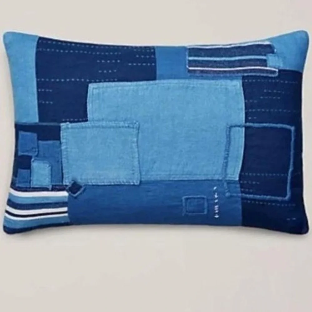 Ralph Lauren Stover 16x24 Throw Pillow COVER ONLY SummerBlue Denim Patchwork NEW